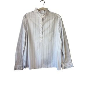 Foxcroft NYC Easy Care Striped Ruffle Collar Henley Blouse White Gold Large